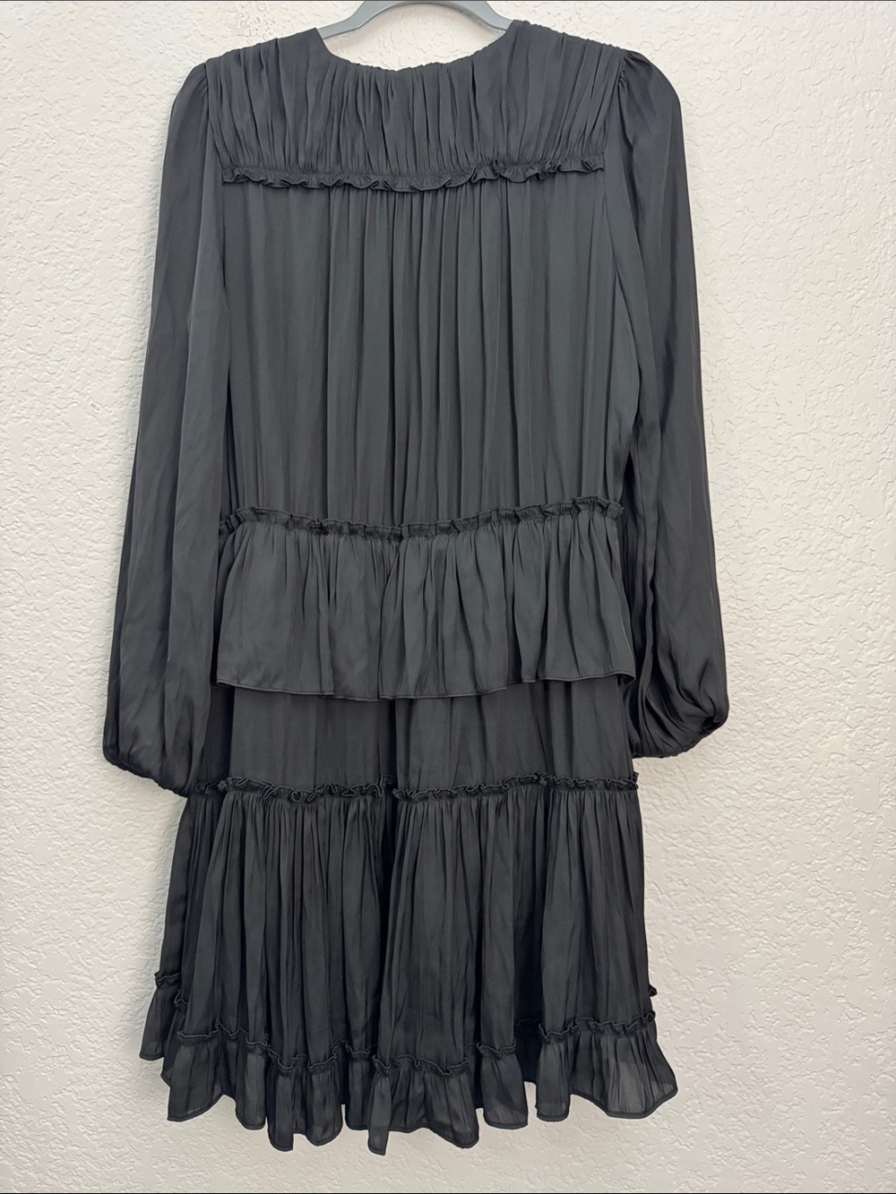 Current Air Cecile Black Satin Tiered Mini Dress Large Ruffle Long sleeve Smock - Picture 6 of 6